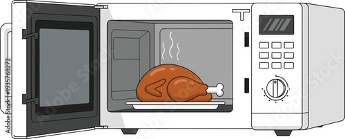 Microwave oven with roasted chicken inside kitchen appliance vector illustration