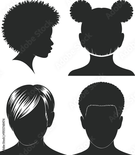 Black hairstyles silhouettes set, afro and modern haircuts collection isolated on white background beauty fashion vector illustration