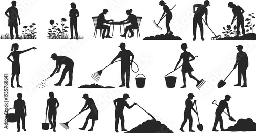 Gardening and landscaping people silhouettes set with men and women using rake, shovel and watering tools, black vector illustration isolated on white background