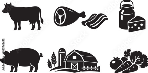 A clear set of six black and white agricultural icons representing common farm animals and produce.