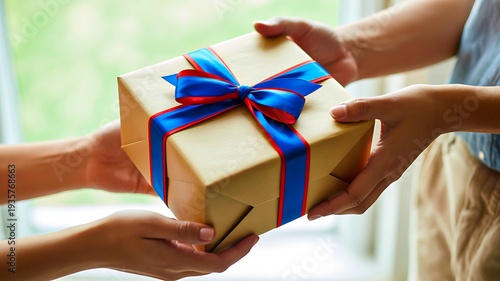 Hands exchanging gift box with ribbon celebration sharing and surprise concept