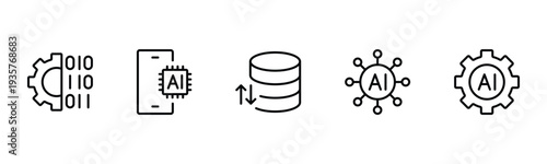 Artificial intelligence set of web icons in line style. AI technology icons for web and mobile apps. Machine learning, algorithm, smart robotics, cloud computing network Vector illustration