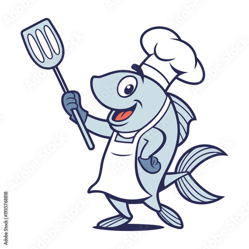 A cheerful chef fish flips dishes with a shiny spatula, wearing a tiny hat, ready to serve up underwater culinary delights with a splash of fun and flavor.
