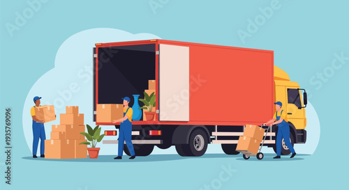 Movers load cardboard boxes into truck, moving company service, delivery, and transportation, professional cargo shipping relocation