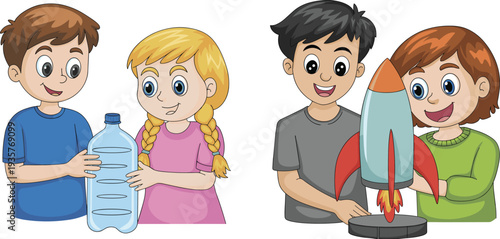 Happy children doing science experiments, kids holding plastic bottle and launching rocket, school STEM activity cartoon vector illustration isolated on white background