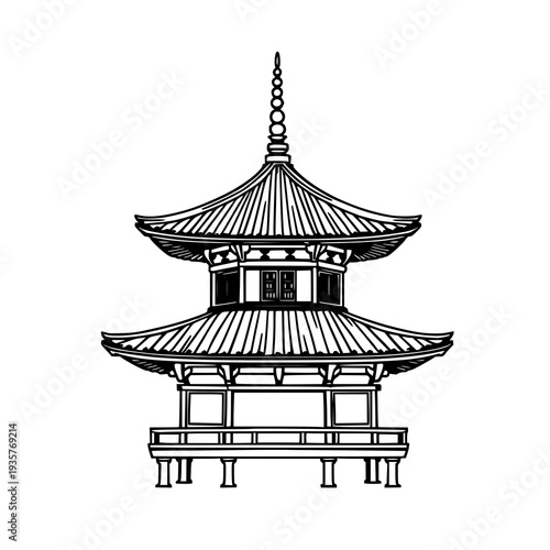 Minimalist Japanese Pagoda Roof Line Art Illustration with Elegant Black Outline Design on Clean White Background – Traditional Asian Architecture Digital Drawing