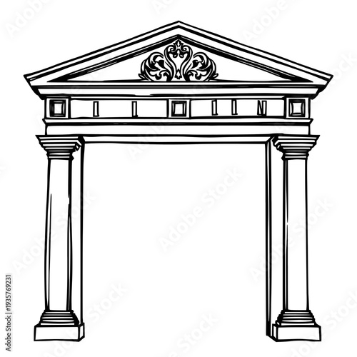 Elegant black line drawing of a classic Baroque pediment in sharp detail against a white background, perfect architectural illustration