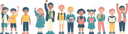 Happy school children characters set, diverse students with books and backpacks, education and learning concept, cute kids cartoon vector illustration