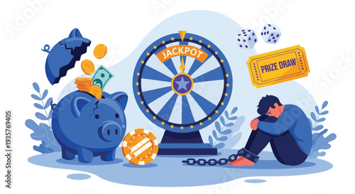 Gambling addiction man chained with roulette wheel, jackpot, dice, coins, lottery ticket, prize draw, financial ruin concept