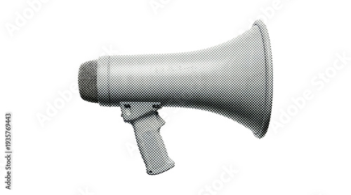 Light megaphone bullhorn black and white halftone dot pattern retro illustration