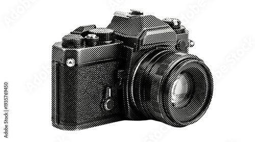 Vintage analog camera black and white halftone dot pattern retro illustration