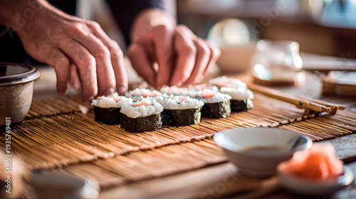 Japanese culinary concept featuring a chef crafting sushi rolls in a minimalist kitchen, Generative AI illustrations.