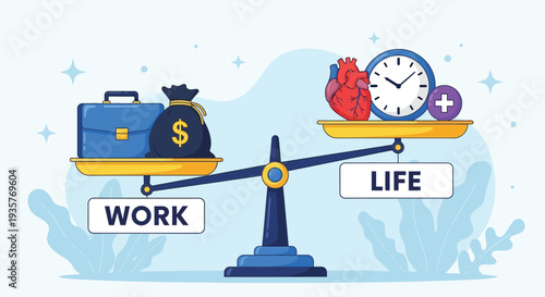 Work life balance concept: scale with briefcase and money bag on one side and heart clock plus sign on other business and lifestyle decision illustration