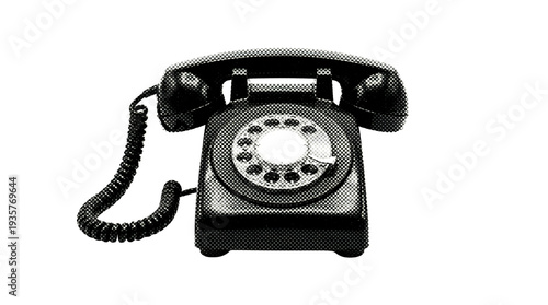 Vintage rotary dial telephone black and white halftone dot pattern retro illustration