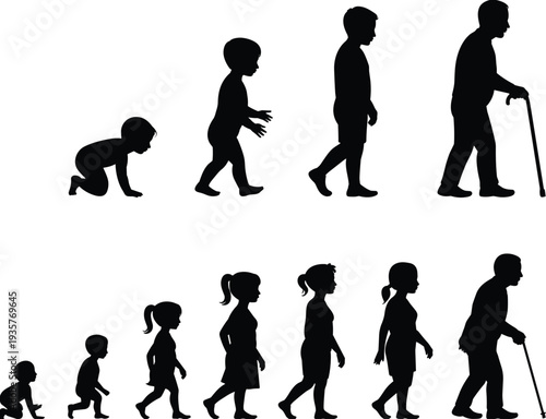 Human life cycle silhouettes set showing growth from baby to elderly man and woman, aging process stages in black vector illustration