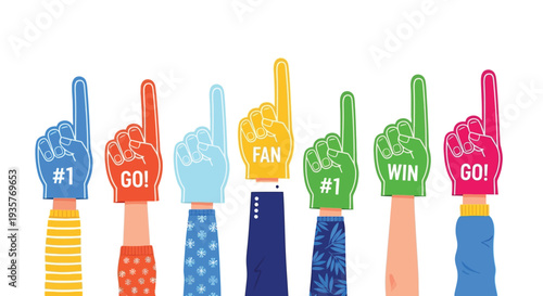 Foam finger hands up with text number one, fan, go, win, support, team spirit, cheering, fun and excitement, sport competition