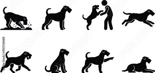 Vector illustration of playful dog silhouettes interacting with a person in various poses