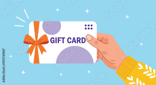 Hand holding gift card with orange bow gift card concept for holiday shopping and special occasion promotions