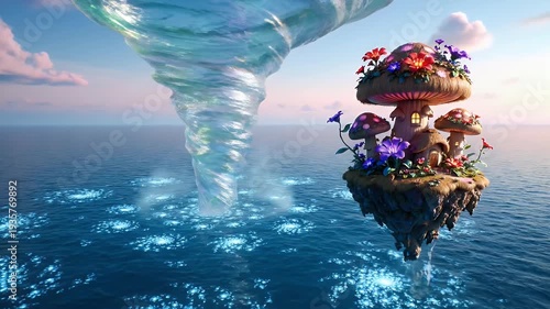 Fantasy Island with Mushroom House and Water Tornado.
