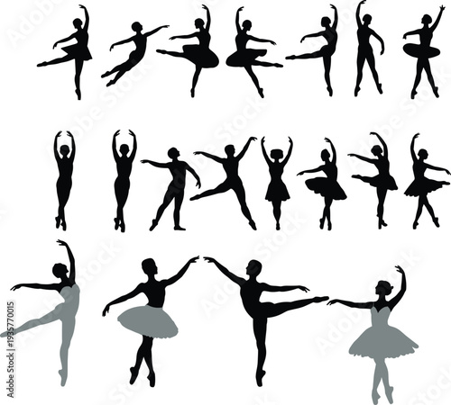 Collection of Ballet Dancer Silhouettes Isolated on White Background, Elegant Ballerina and Male Ballet Poses Vector Illustration Set for Dance, Performance, and Design