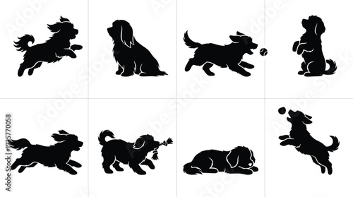 Set of playful dog silhouettes in various poses, showcasing their energetic and playful nature