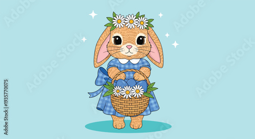 Adorable cartoon bunny in a blue dress holding a basket of daisies.