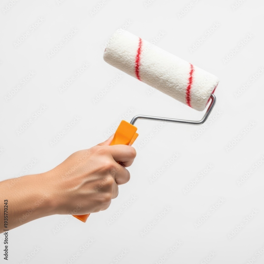 Obraz premium Person holding a paint roller with white paint and an orange handle isolated on white background