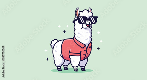Cool Llama Wearing Sunglasses and a Shirt Cartoon Illustration.