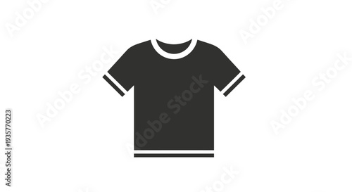 Simple black t-shirt icon with short sleeves, classic crew neck design, and striped cuffs, representing casual apparel and fashion element for graphic design projects