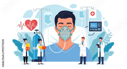 Patient in hospital bed with oxygen mask surrounded by doctors and nurses medical emergency and critical care illustration