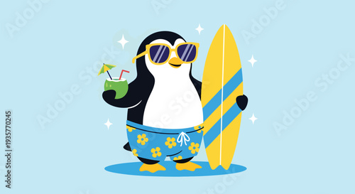 Cool Penguin Ready for Summer Surfing Adventure.