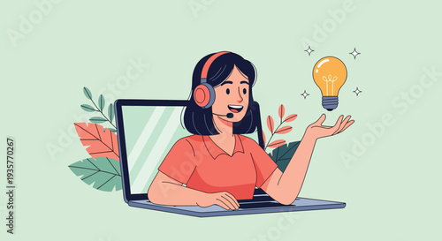 Customer service representative with headset offering a bright idea from a laptop screen.