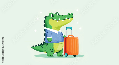 Cute cartoon alligator traveler with luggage ready for vacation.