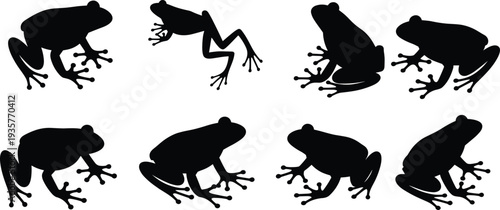 Collection of Black Tree Frog Silhouettes Isolated on White Background, Amphibian Vector Illustration Set for Wildlife, Nature, Logo, Tattoo, and Design Use