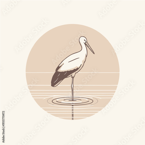 A white stork with a baby bird stands in the wild nature on the beach near the lake water, showing its beak and feathers like an isolated crane or heron among the wildlife fauna