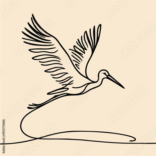 Cartoon illustration of a flying stork with a long beak and wide wings delivering a newborn baby across a blue nature sky background