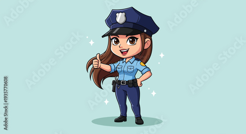Cute Cartoon Female Police Officer Giving Thumbs Up.