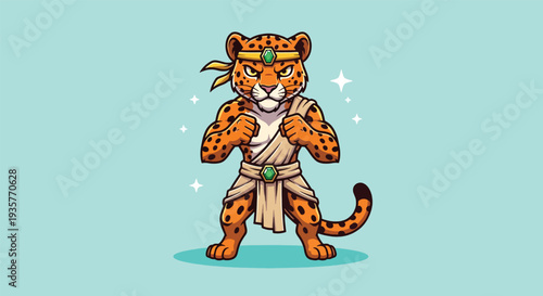 Cute Cartoon Leopard Warrior Standing Ready to Fight.