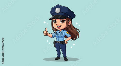 Cute cartoon female police officer giving thumbs up gesture.