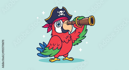Cute Cartoon Pirate Parrot Looking Through Telescope.