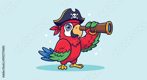 Cute Cartoon Pirate Parrot with Spyglass Looking for Treasure.