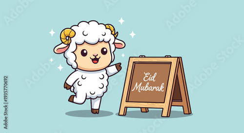Cute Cartoon Sheep Celebrating Eid Mubarak with a Sign.