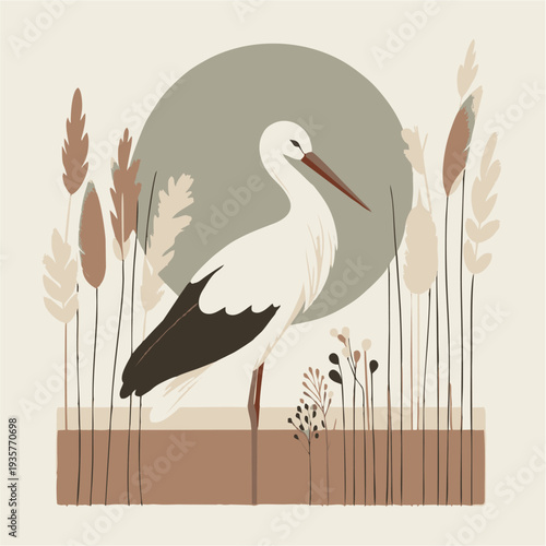 A flying white stork with large wings and a long beak delivers a cute cartoon baby through the air in this isolated vector illustration of nature and wildlife
