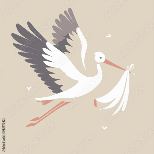 A cartoon illustration of a flying stork delivering a baby through the sky with white wings spread in a vector art design symbolizing love, nature, and freedom