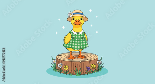 Cute Duckling in Green Dress and Hat Standing on Tree Stump.