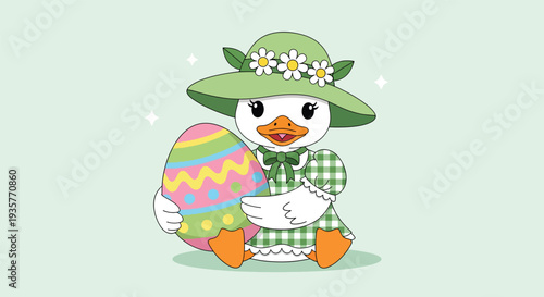 Cute Duckling in Easter Bonnet Holding a Decorated Egg.