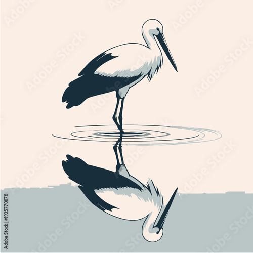 A graceful white heron stands in the wild water, a nature illustration of a crane featuring elegant feathers and a sharp beak amidst diverse wildlife fauna
