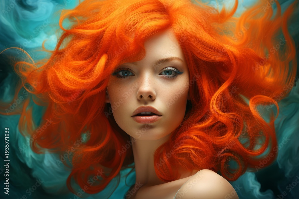Obraz premium Beautiful woman portrait featuring fiery red hair and captivating blue eyes