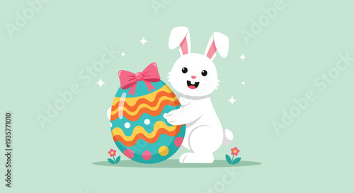 Cute Easter Bunny with Decorated Egg on Green Background.