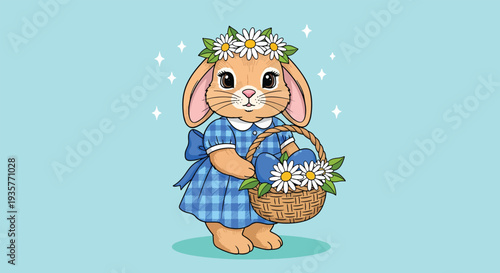 Cute Easter Bunny Wearing a Flower Crown and Holding a Basket of Eggs.